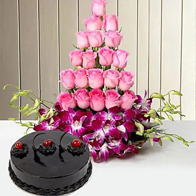 Cake & Roses & Orchid Basket
